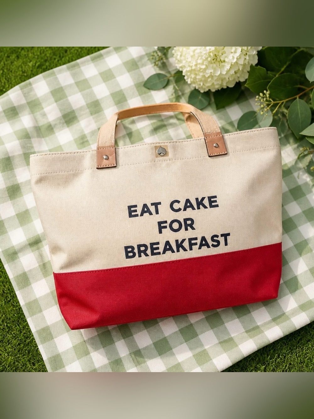 kate spade Cream and Red Canvas Tote with Slogan